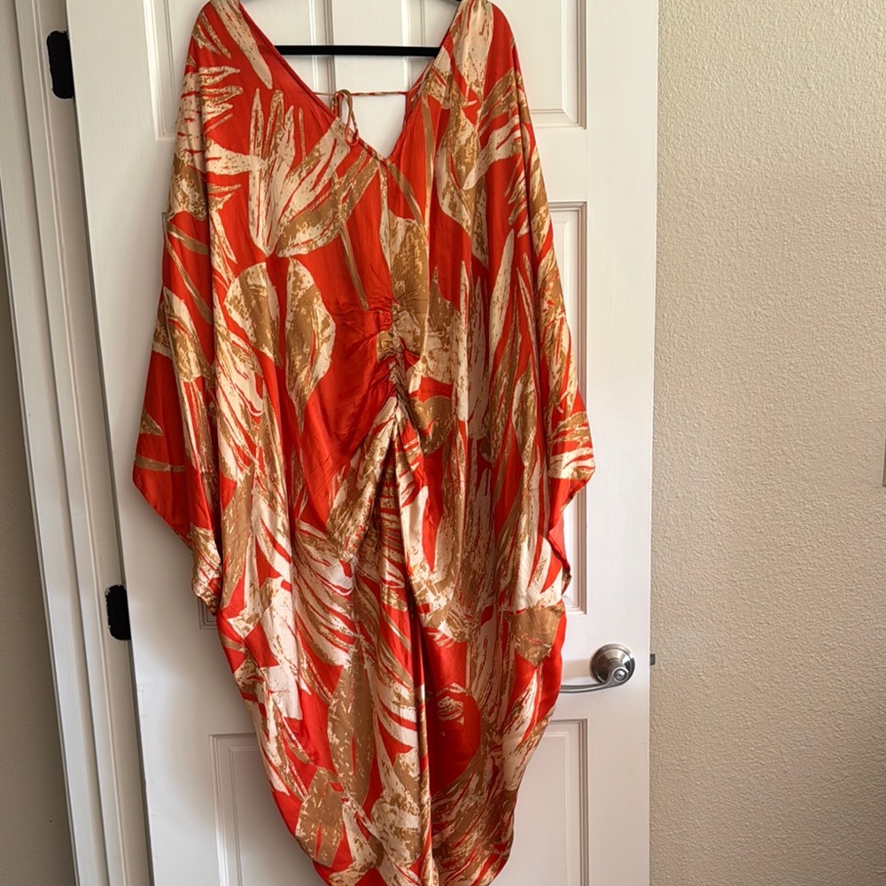 Free People Gold and Red Accent Caftan with Flowing Silhouette
